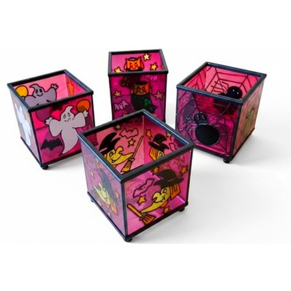 Lot 4 Halloween Candle Holders Black Cats Witch Spiders Purple Stain Glass Style